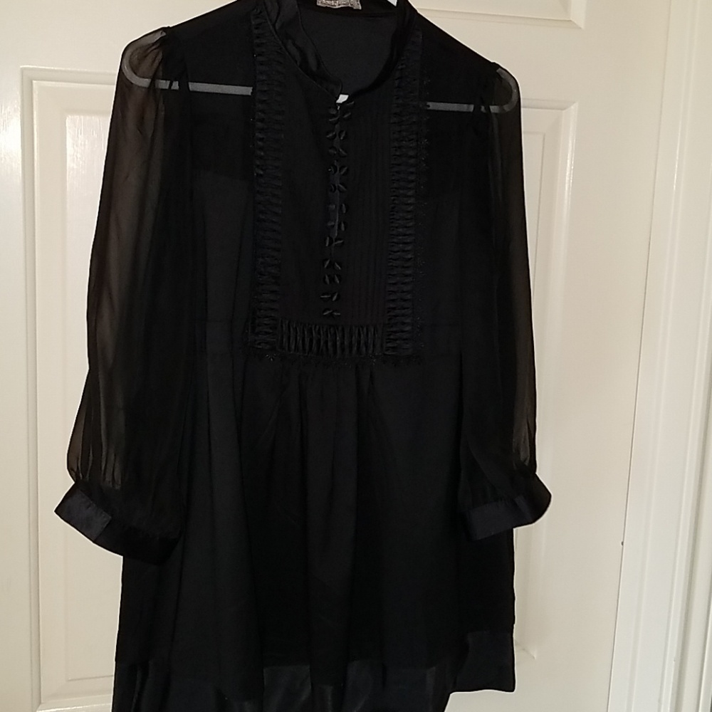 Freelance large black satiny sheer sleeve blouse
